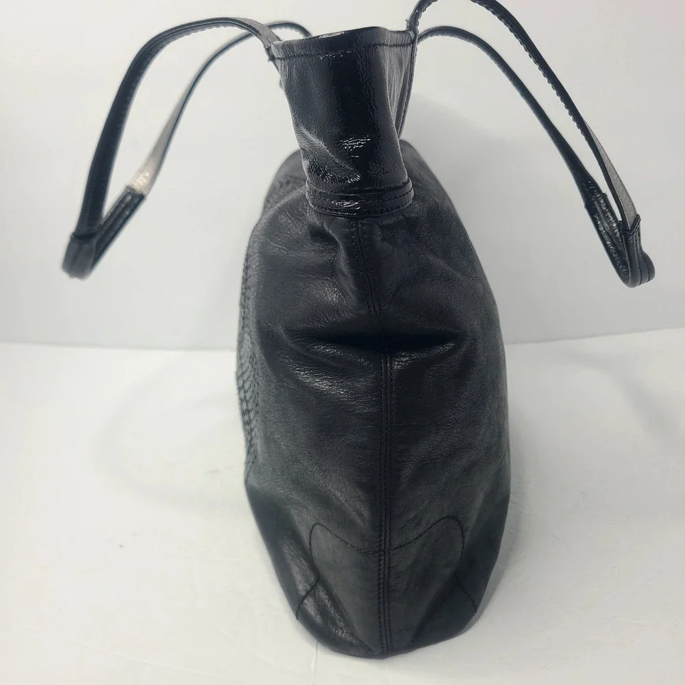 Coach Audrey Perforated Black Patent Leather Shoulder Tote Bag Purse C Logo